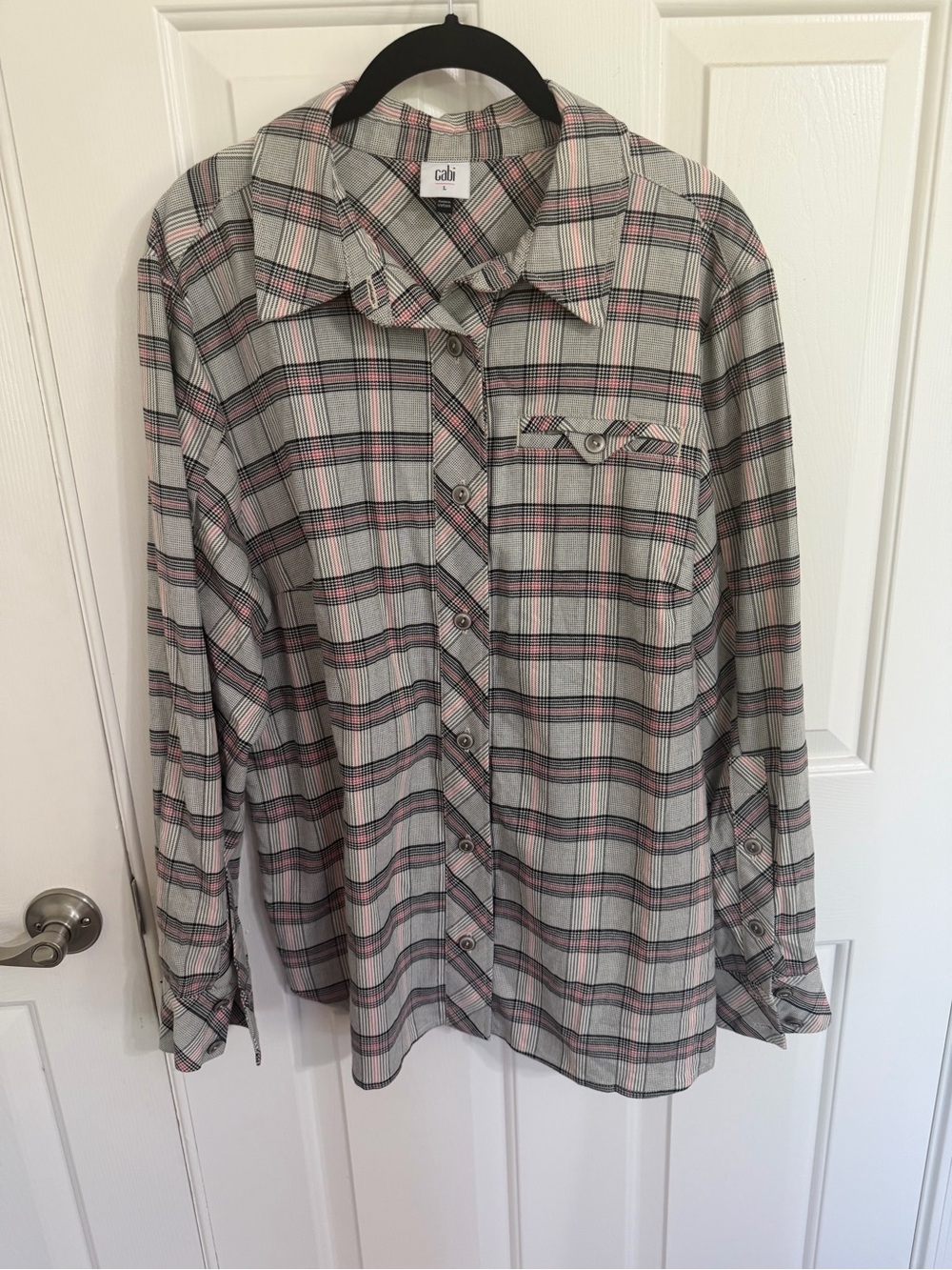 CAbi Gray Plaid Button-Down Shacket with Pink Accents Light Jacket Barn Jacket